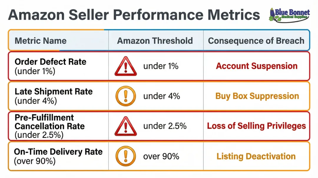 Amazon seller account health thresholds and consequences for SLA breaches