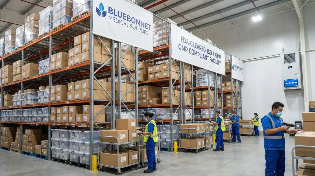 FDA-cleared medical device warehouse showing compliant storage and distribution operations