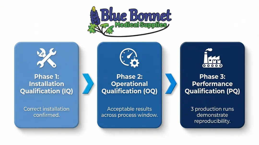 Three-phase IQ OQ PQ process validation sequence for medical device packaging