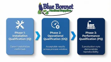 Three-phase IQ OQ PQ process validation sequence for medical device packaging