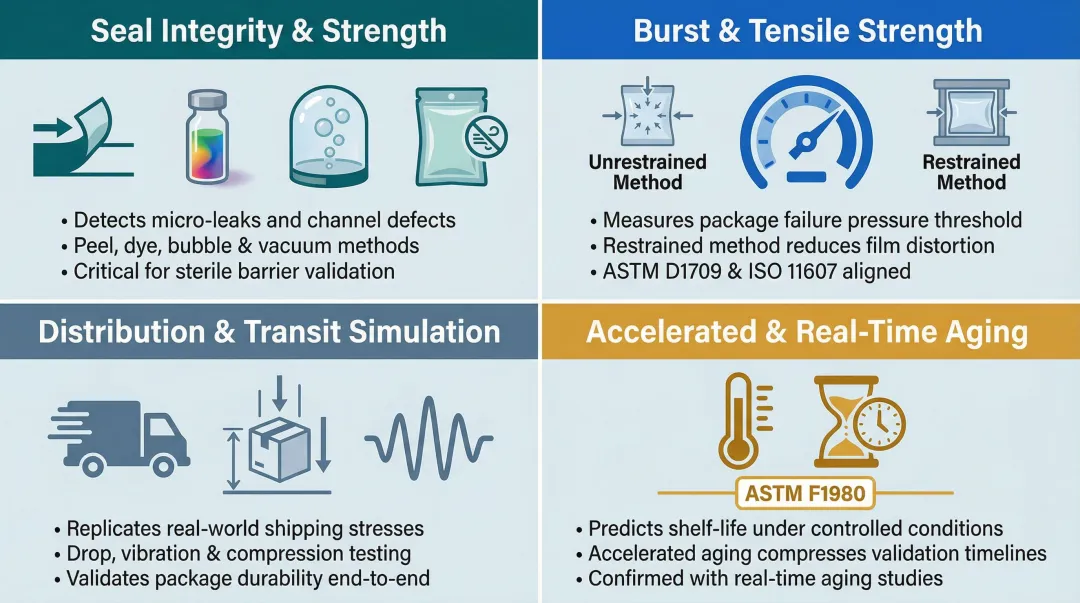 Medical device packaging seal integrity and aging testing methods comparison overview