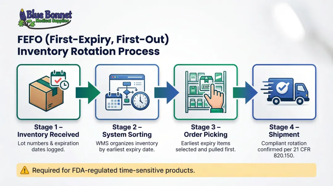 FEFO inventory rotation process flow for medical product expiration date compliance