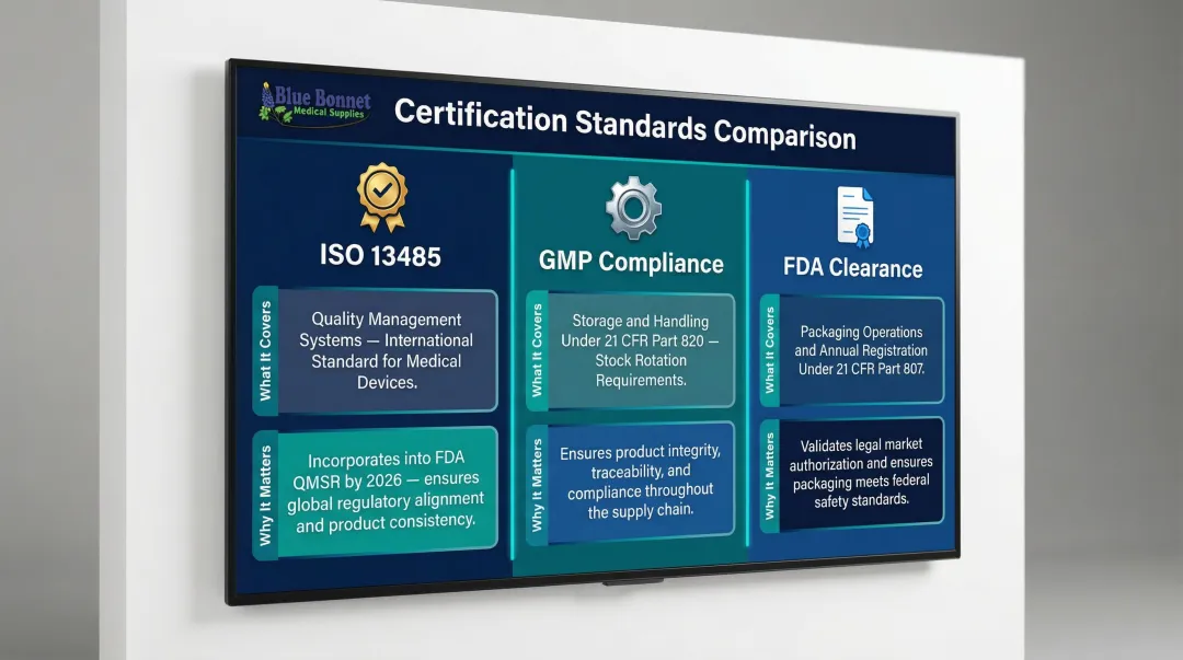 ISO 13485 GMP and FDA clearance certification requirements comparison for medical 3PL providers
