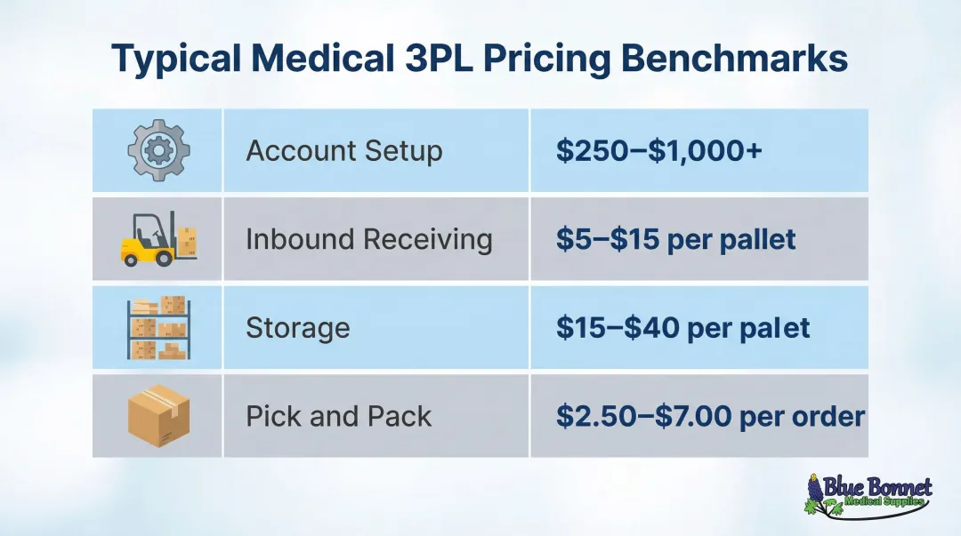 Medical 3PL pricing benchmarks comparison table with fee types and typical ranges