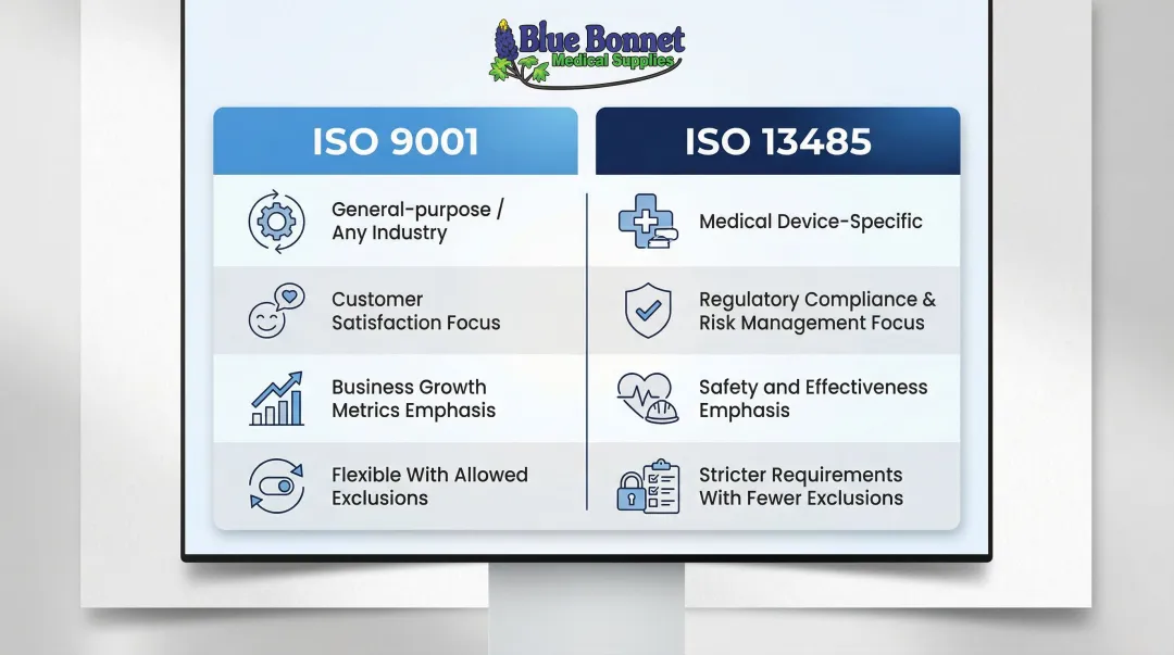 ISO 13485 versus ISO 9001 quality management standards side-by-side comparison chart