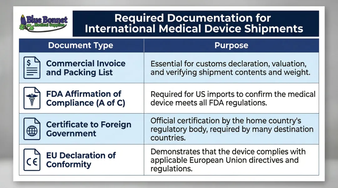 Medical device international shipping documentation requirements compliance table infographic