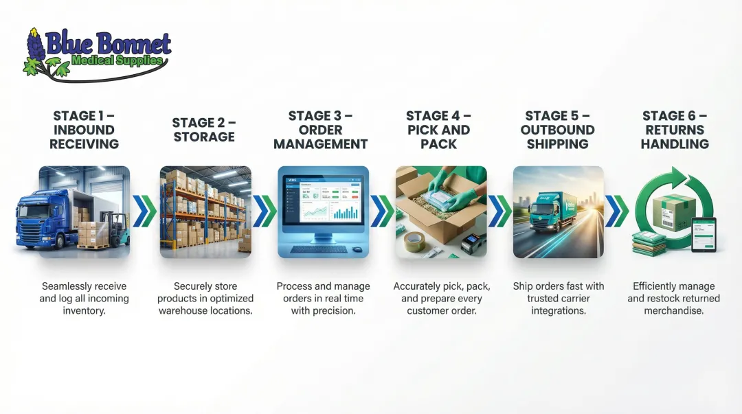 6-stage 3PL warehousing end-to-end fulfillment process flow diagram