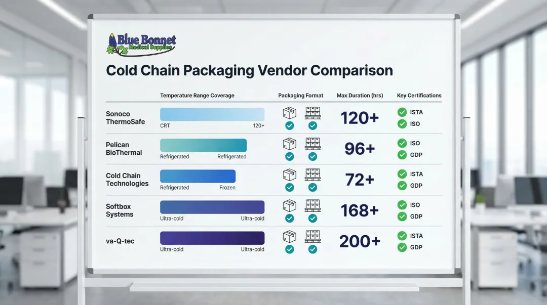 Top five pharmaceutical cold chain packaging vendors temperature range and certification comparison chart