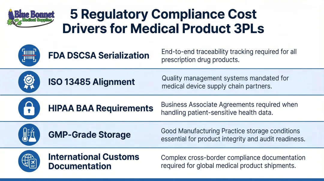 Five medical 3PL compliance requirements driving hidden logistics costs infographic