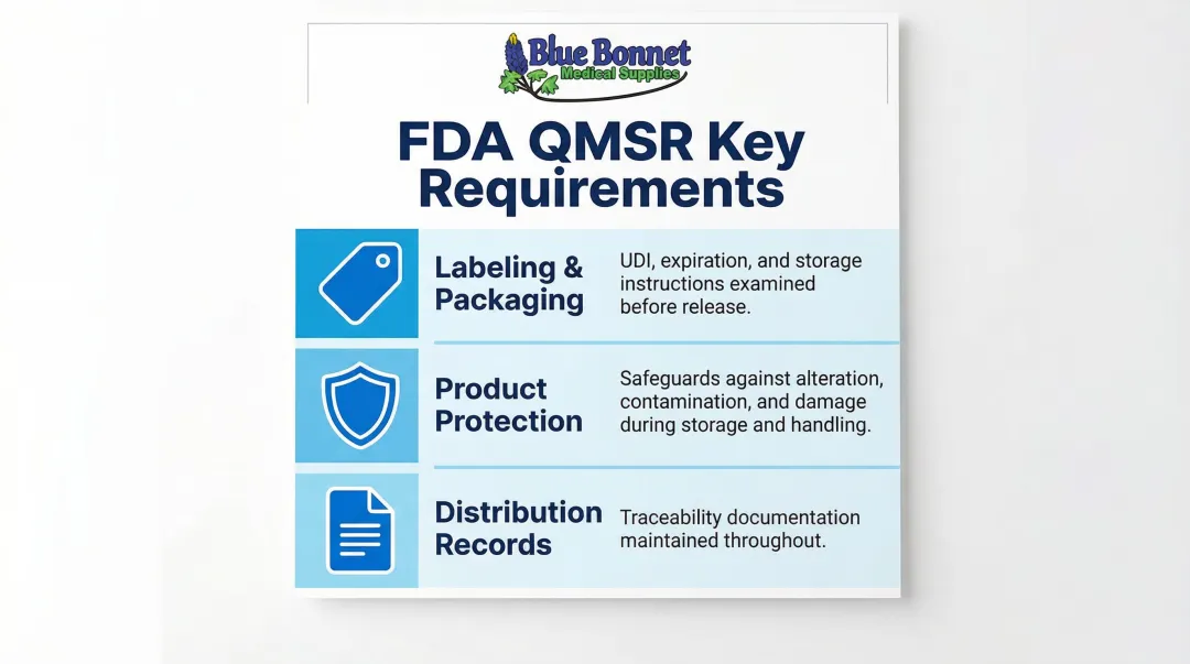 Three core FDA QMSR compliance requirements for medical device labeling storage and distribution