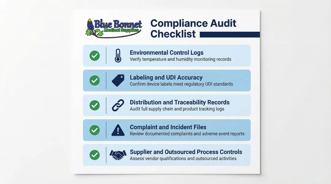 Five-area healthcare compliance audit checklist for medical product storage labeling and distribution