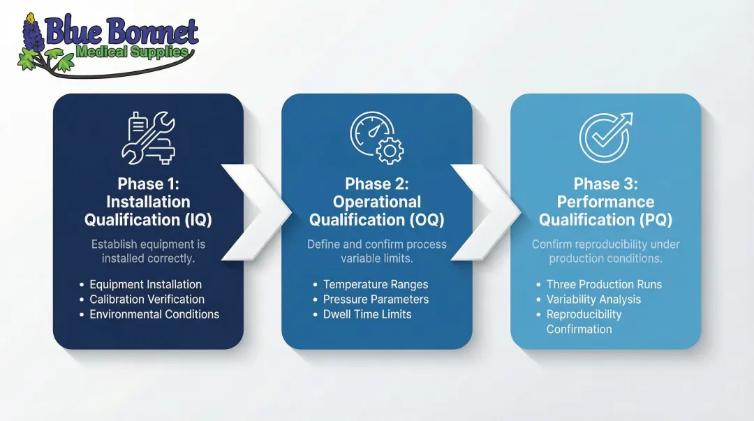 IQ OQ PQ three-phase medical device package validation framework process flow
