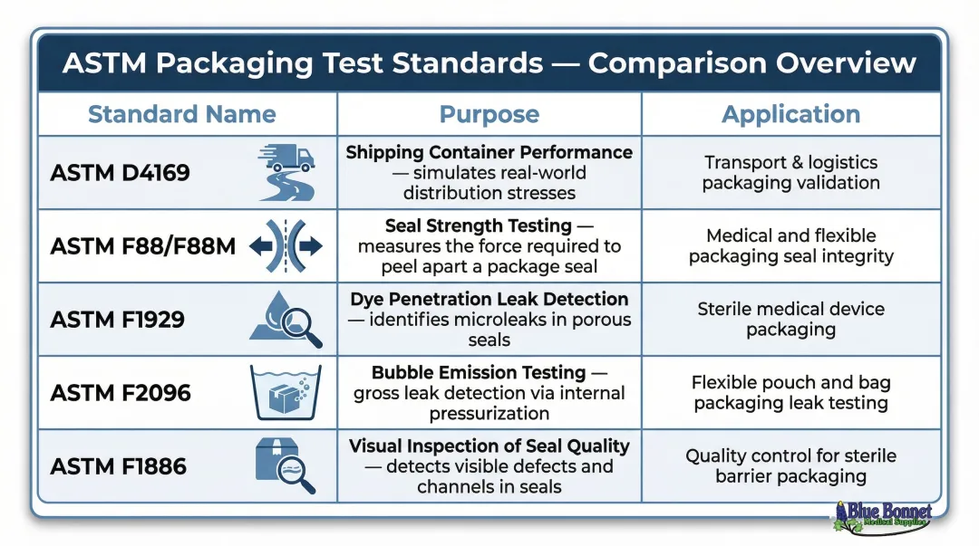 Five ASTM medical device packaging test standards comparison infographic