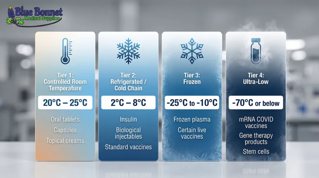 Four pharmaceutical temperature storage tiers from controlled room to ultra-low cold chain