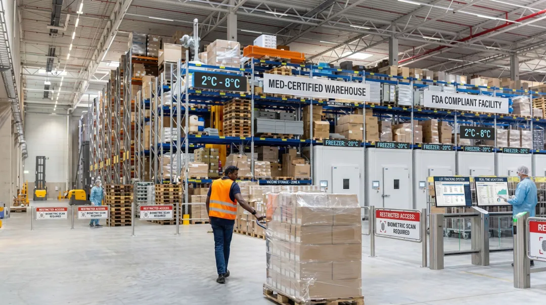 Medical warehouse interior showing temperature-controlled storage zones and inventory management system