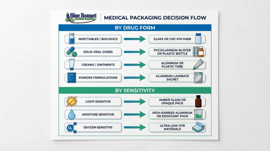 Pharmaceutical packaging material selection guide by drug form and sensitivity factors flowchart