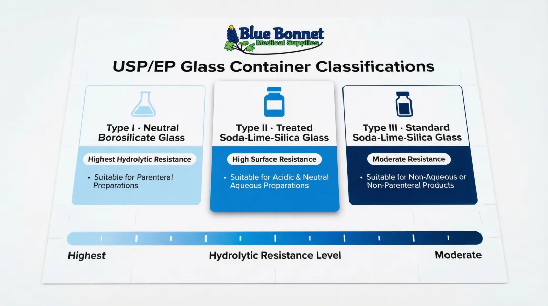 USP glass container types I II III hydrolytic resistance classification comparison infographic