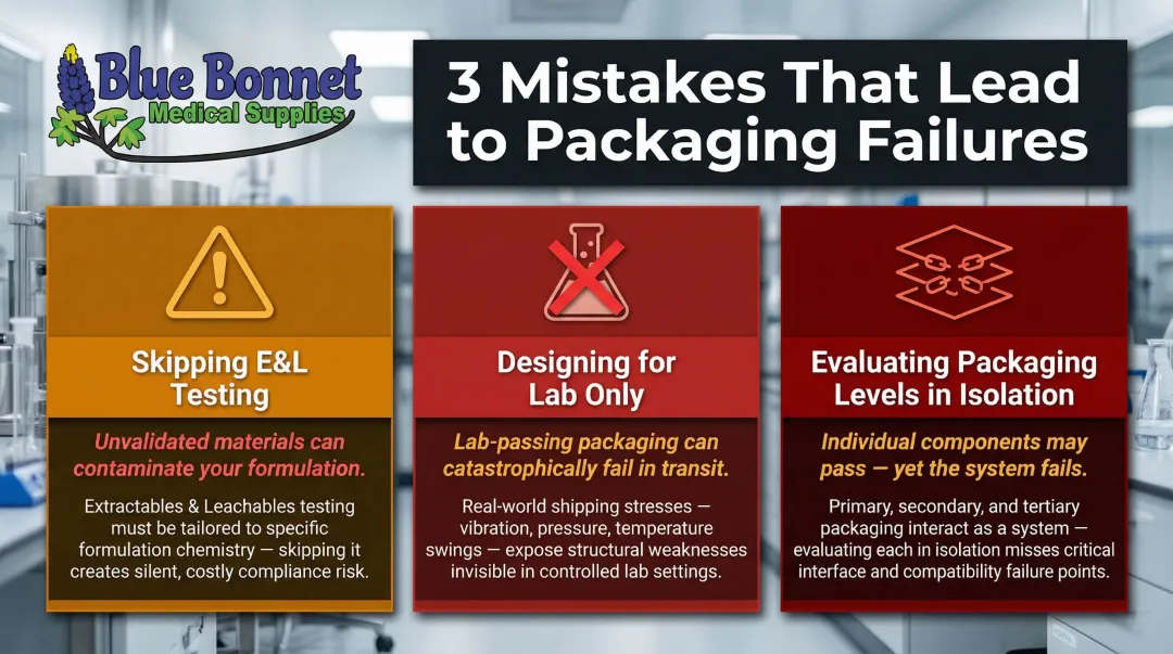 Three common pharmaceutical packaging material selection mistakes to avoid warning infographic