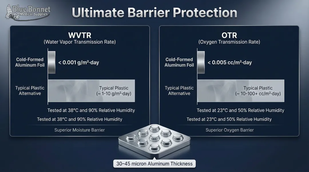 Cold-formed aluminum blister foil barrier performance WVTR OTR data comparison infographic