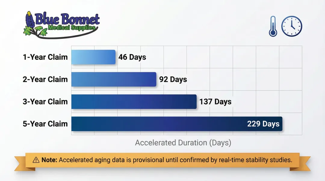 Accelerated aging compressed timeframes for 1 to 5 year medical device shelf-life claims