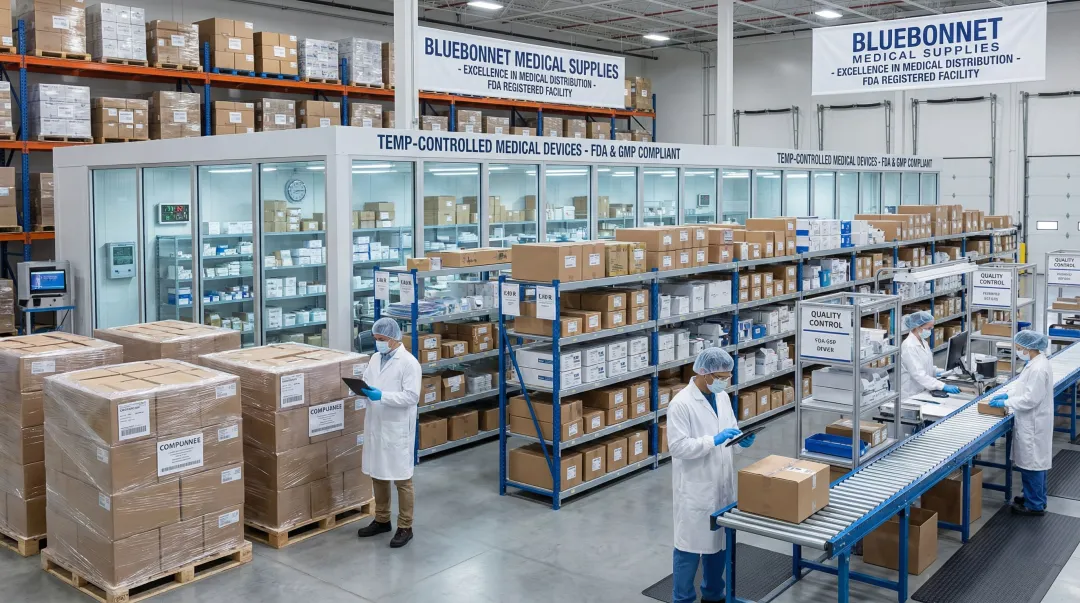 Bluebonnet Medical Supplies warehouse facility with controlled environment medical storage and fulfillment operations