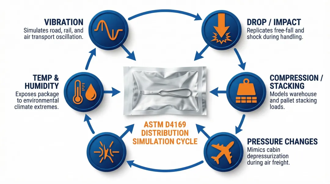Distribution simulation testing stresses applied to medical device packaging during transit