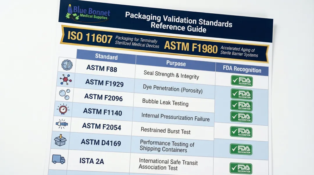 Medical device packaging validation standards comparison table with FDA recognition status