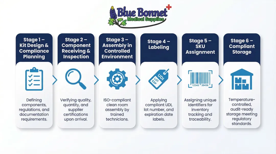 6-step medical supplies kitting process flow from design to storage