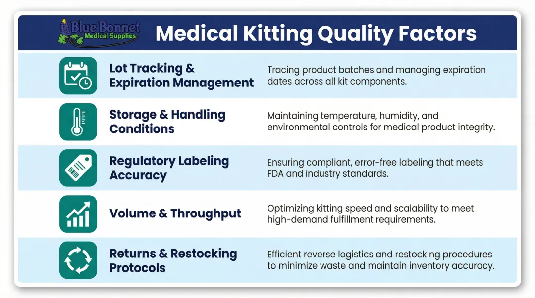 Five key medical kitting quality and compliance factors comparison breakdown infographic
