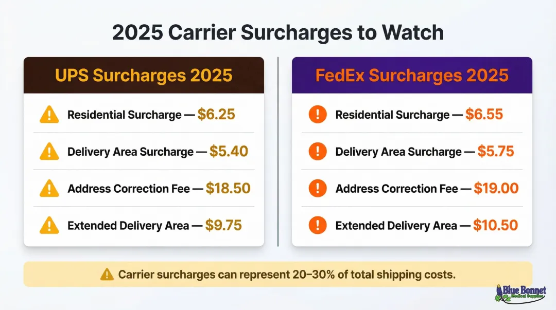 UPS and FedEx carrier surcharge fee breakdown infographic 2025 rates