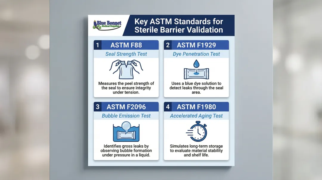 Four ASTM sterile barrier validation test methods for medical packaging infographic