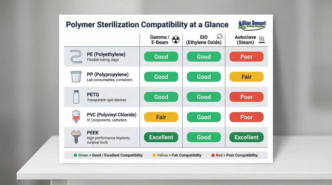 Medical packaging polymer compatibility matrix sterilization methods comparison chart