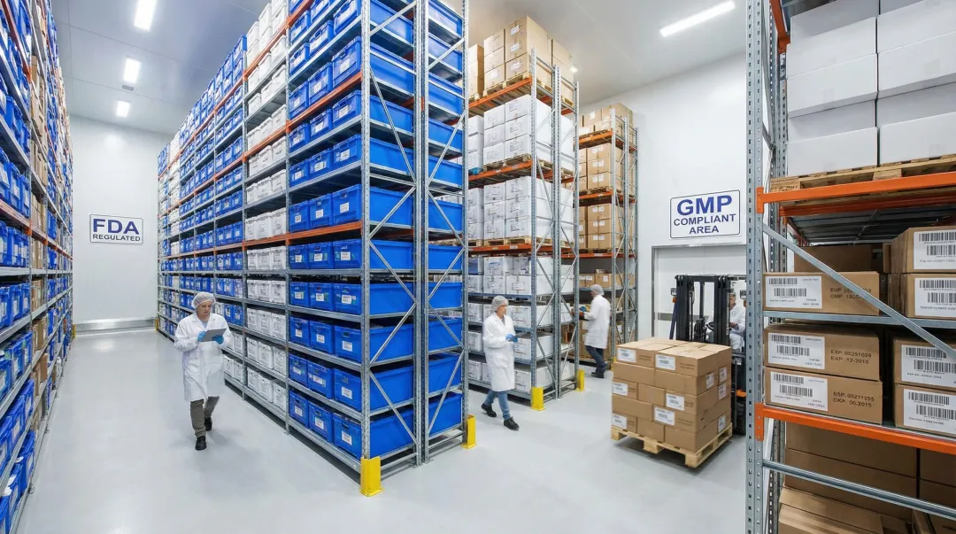 Medical 3PL warehouse facility showing FDA-compliant storage and labeled medical product inventory