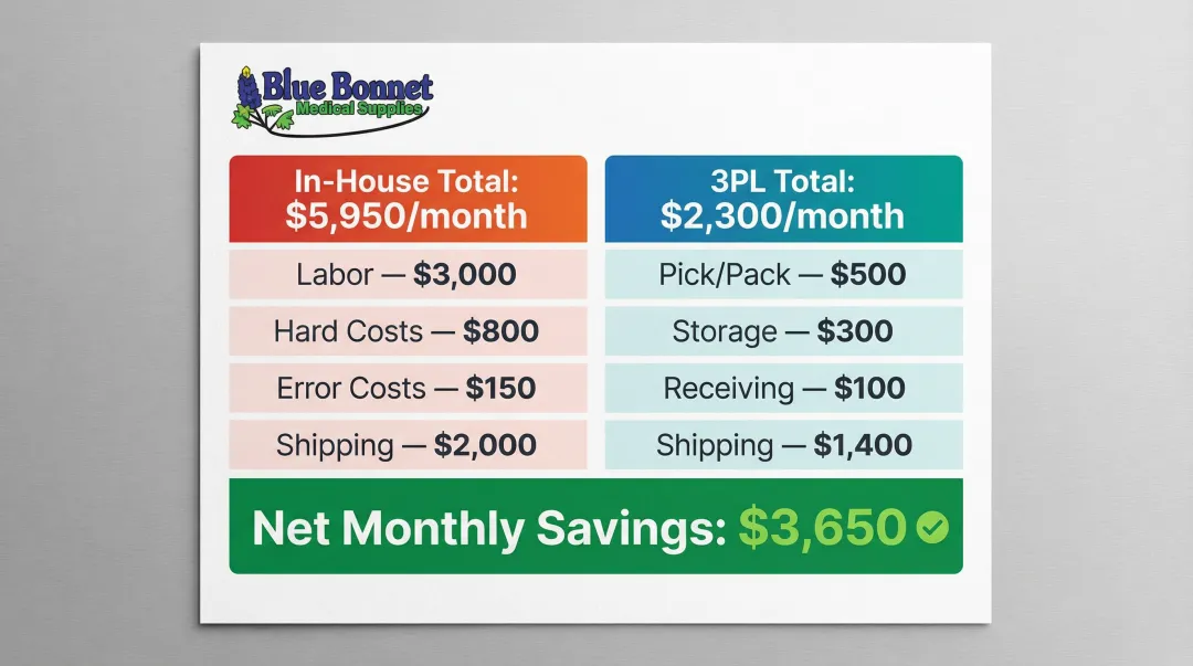 In-house versus 3PL monthly fulfillment cost breakdown side-by-side comparison