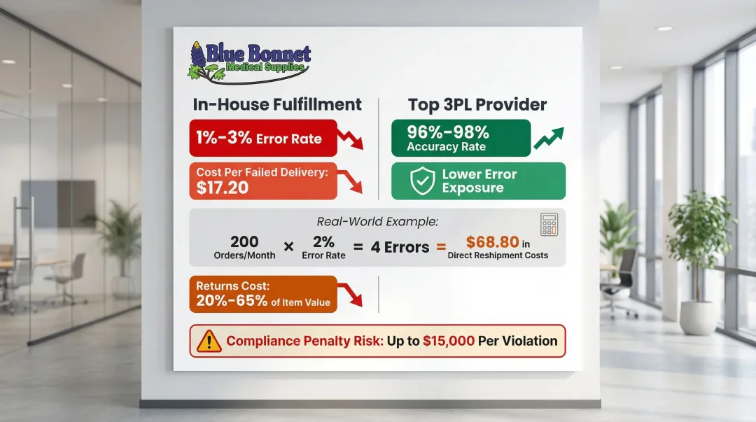 In-house versus 3PL order accuracy rates and error cost comparison infographic