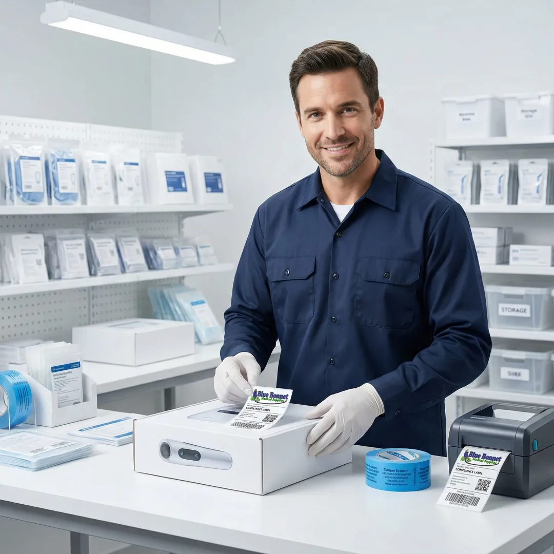 Medical supply fulfillment specialist carefully labeling and packaging medical devices for shipment
