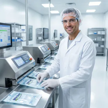 Medical device contract packaging technician sealing sterile pouches in a compliant warehouse facility