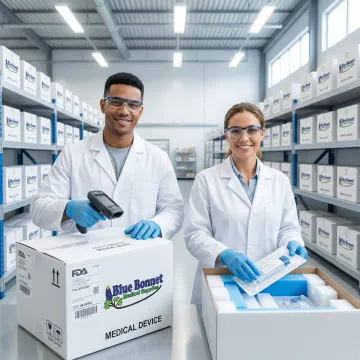 Warehouse staff processing and labeling medical equipment shipments at a fulfillment center
