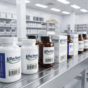 Custom supplement packaging with tamper-evident seals and FDA-compliant labels being prepared at a warehouse