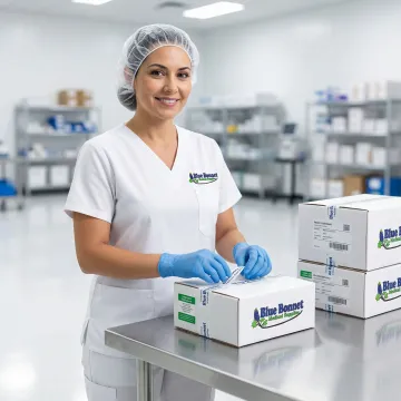 Professional medical packing technician carefully packaging medical supplies in a compliant warehouse facility