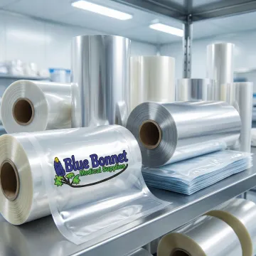 Medical packaging films and flexible barrier film rolls for sterile medical device packaging