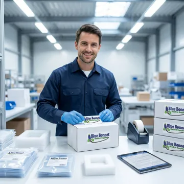 Technician applying FDA-compliant labels to medical product packaging in a clean warehouse environment.