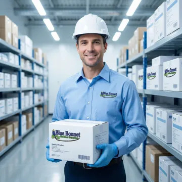 Healthcare logistics specialist organizing medical supplies in a compliant warehouse facility