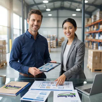 3PL logistics specialist reviewing custom warehousing plan with a medical supply business client