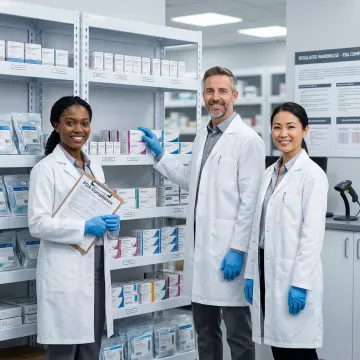 Medical fulfillment team reviewing compliance documentation in a regulated warehouse facility