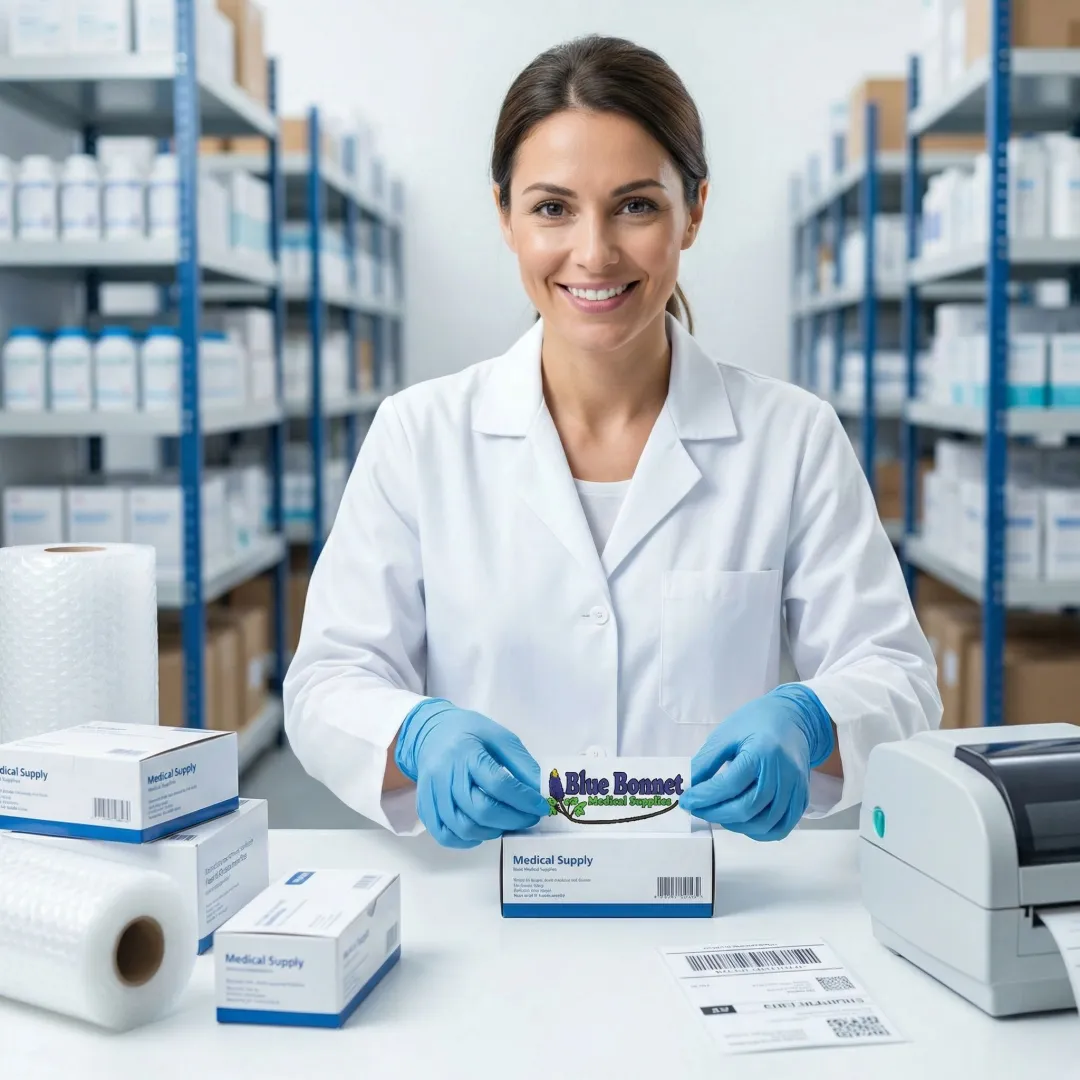 Fulfillment specialist carefully packaging medical supplies in a compliant warehouse facility