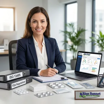 Medical device compliance specialist reviewing ISO and FDA documentation in a warehouse office