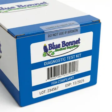 Close-up of a fully assembled diagnostic test kit with tamper-evident seal and FDA-compliant labeling