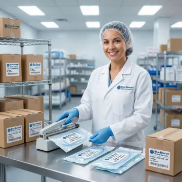 FDA-compliant catheter packaging being sealed in a medical warehouse