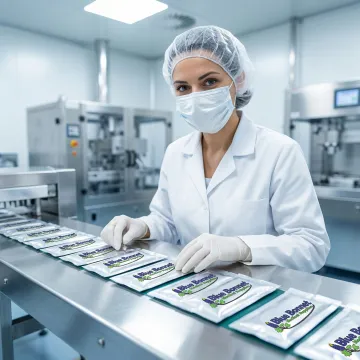 Technician inspecting pharmaceutical sachet packaging on a production line